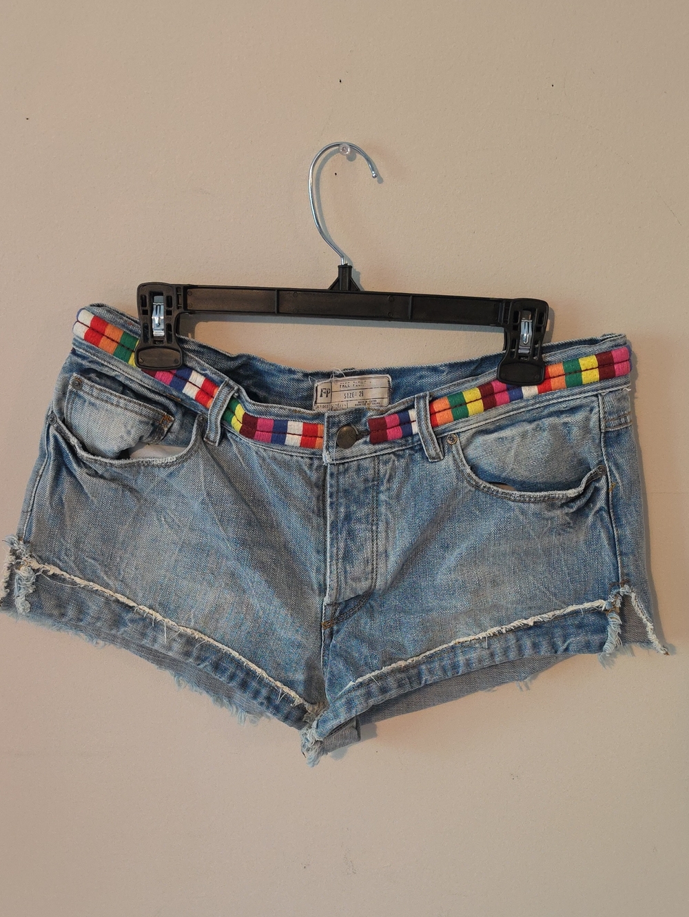 Free People Denim Cutoff Shorts with Rainbow Waist Detail - Denim